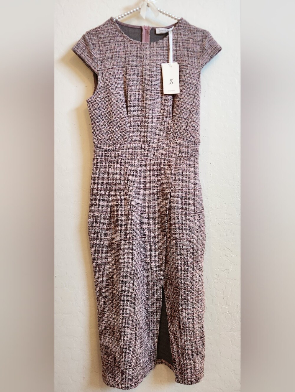 Jasambac Mauve Tweed Cap-Sleeve Midi Dress